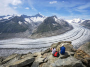 Panoramic view of Great Aletsch glacier from Eggishorn in Switzerland. Great Aletsch glacier, listed as a UNESCO World Heritage, is the largest glacier in Europe.