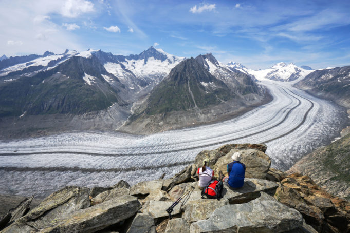 Panoramic view of Great Aletsch glacier from Eggishorn in Switzerland. Great Aletsch glacier, listed as a UNESCO World Heritage, is the largest glacier in Europe.