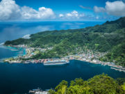 Pago Pago American Samoa Hill View over the Island and the Harbor with Cruise Ship docked.