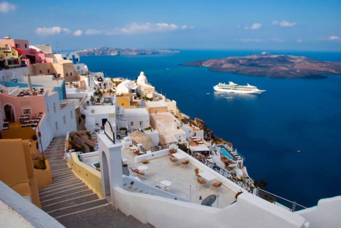 The Santorini island. Morning view of the harbor, the volcano and township
