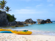 Paddle boats are on sandy beach of Bermuda