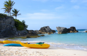 Paddle boats are on sandy beach of Bermuda
