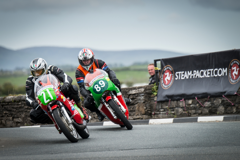 ISLE OF MAN, UK - MAY 30: Riders in the Southern 100 motorcycle singles race, the Pre TT Classic Road Race undergoing practice on 30 May 2015 in the Isle of Man (Public Event)