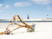Driftwood with fishing nets logs on beach, Wangerooge, East Frisian Islands, Germany
