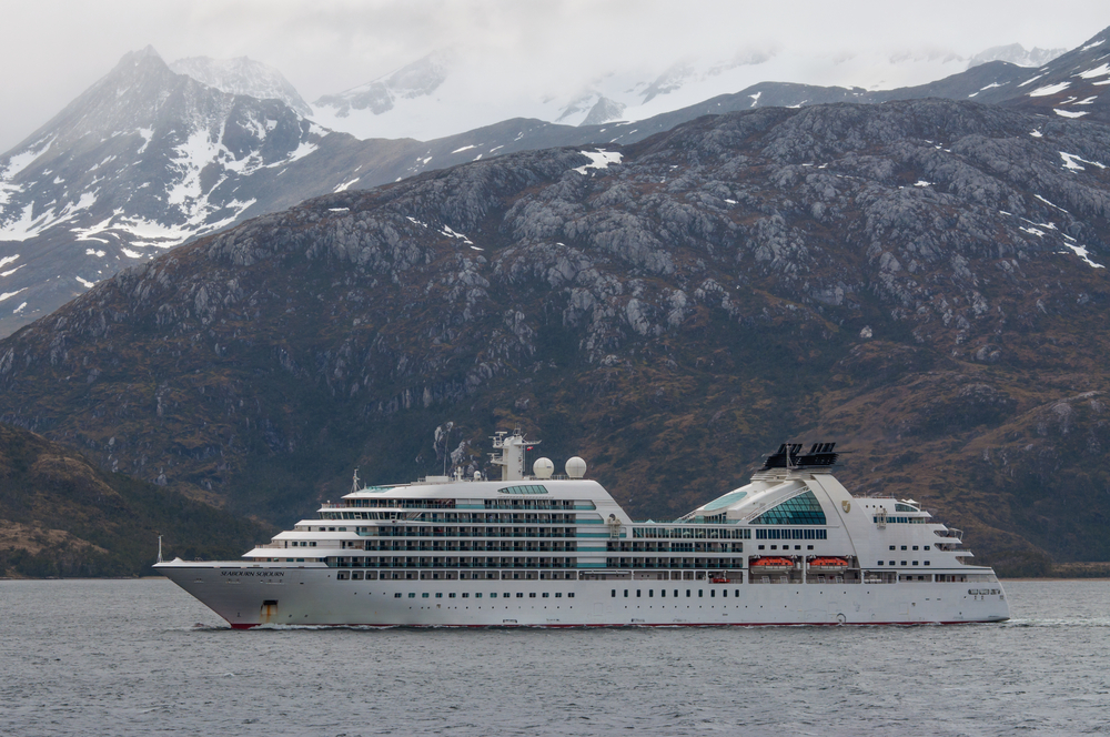 BEAGLE CHANNEL, CHILE - DECEMBER 10: Luxury cruise ship named the Seabourn Sojourn sails on the spectacular Beagle Channel, Chile at December 10, 2012. Overcast.