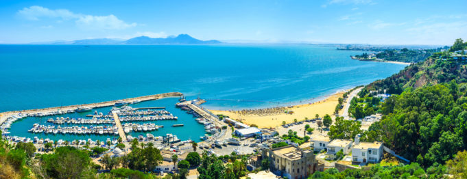 The scenic coastline of Sidi Bou Said with the large haven, full of yachts, Tunisia.