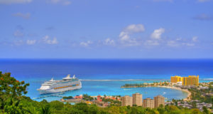 View over Ocho Rios port town, Jamaica, with anchored cruise liner