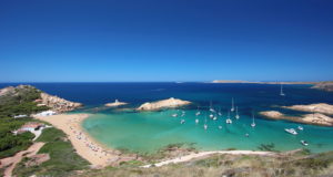 Main view of "Pregonda" beach, one of the most beautiful spots in Menorca, Balearic Islands, Spain.