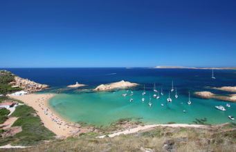 Main view of "Pregonda" beach, one of the most beautiful spots in Menorca, Balearic Islands, Spain.