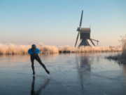 Person ice skating alone on a frozen river past a windmill and hoar frosted reeds in Kinderdijk in winter in the Netherlands.