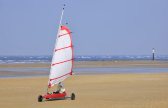 Land sailing on the beach of Ouistreham in the Calvados department in the Basse-Normandie region of France