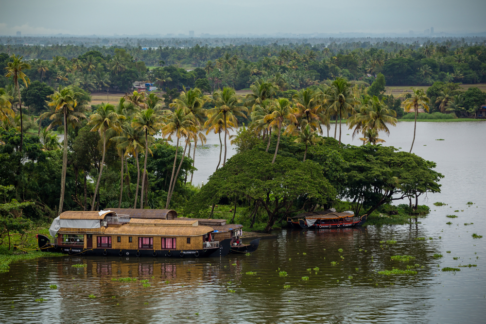 ALAPPUZHA BACKWATERS KERALA, INDIA - JULY 2017: Alappuzha or Allappey in Kerala is best known for houseboat cruises along the rustic Kerala backwaters, a network of tranquil canals and lagoons.