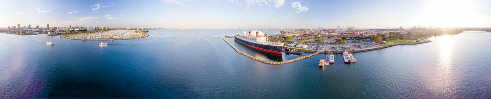 LONG BEACH, CA - JULY 31, 2017: Aerial panoramic view of Long Beach and Queen Mary. It is a famous tourist attraction in California.