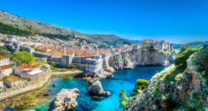 Aerial panoramic view at famous european travel destination, Dubrovnik cityscape on Adriatic Coast, Croatia. / Selective focus.