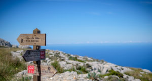 Pointer on the way. Tramuntana. GR221 in mountains of Mallorca.