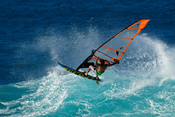 Professional Windsurfing on big waves in Maui, Hawaii